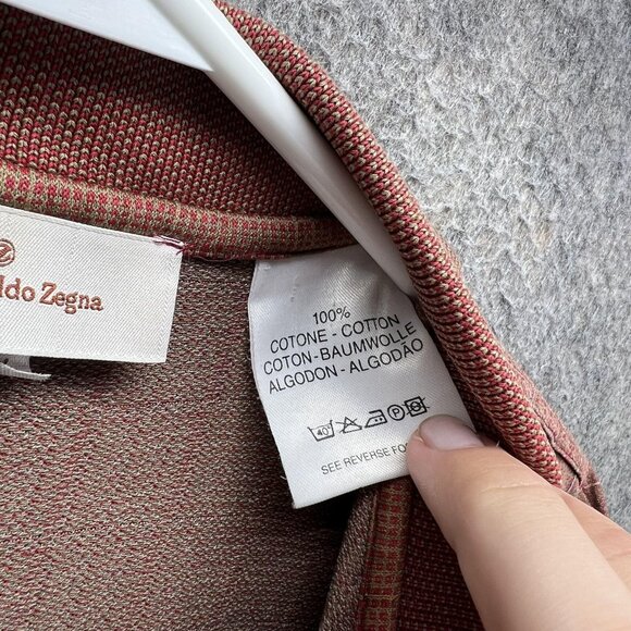 Ermenegildo Zegna Polo Shirt Mens 54 Brown Red Windowpane 100% Cotton Italy - Picture 3 of 11